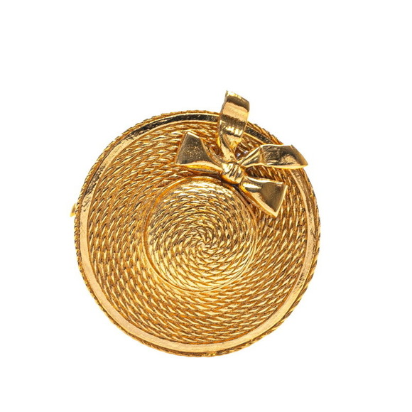 CHANEL Straw Hat Ribbon Brooch Gold Plated Women's - Picture 1 of 3